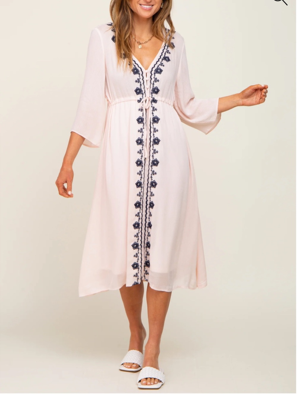 Light Pink Floral Embroidered 3/4 Sleeve Midi Dress